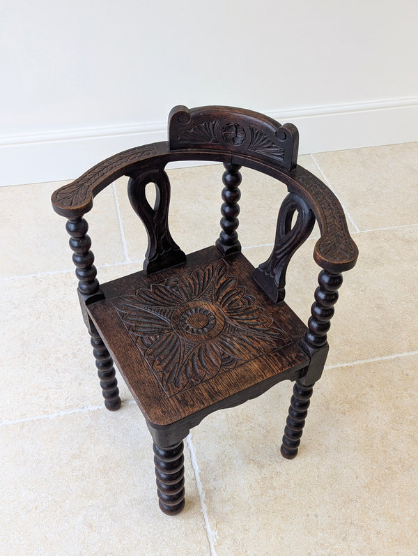 Antique Victorian Carved Oak Bobbin Corner Chair c.1890