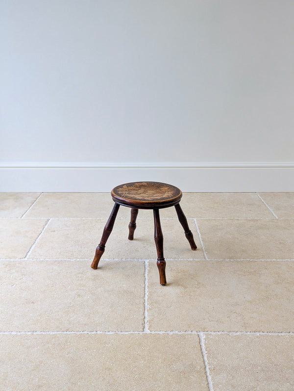 Antique Late Victorian Beech & Ash Pokerwork Stool c.1890