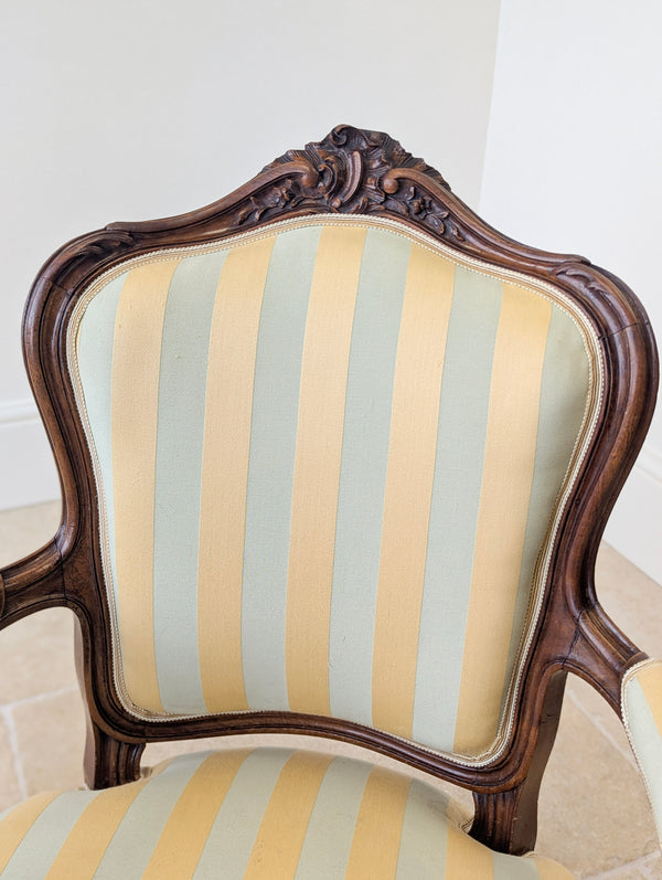 Pair of Antique Victorian Walnut Louis XV Style Open Armchairs c.1880