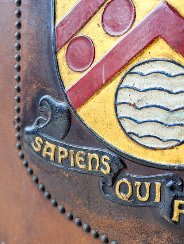 Antique Oak & Leather Malvern College Heraldic Fire Screen c.1920