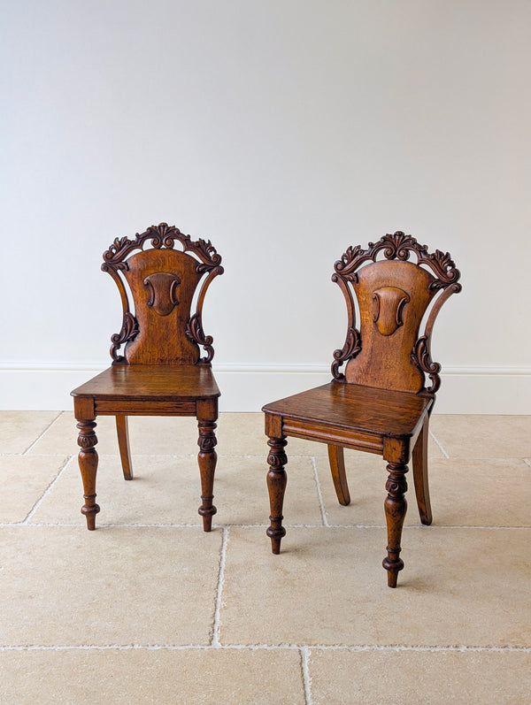 Pair of Antique Victorian Oak Hall Chairs c.1870