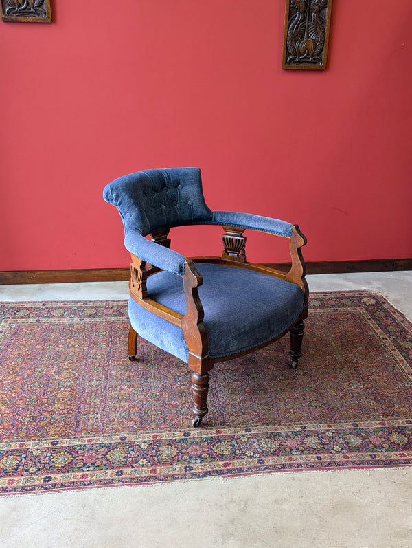 Antique Victorian Mahogany Blue Tub Chair