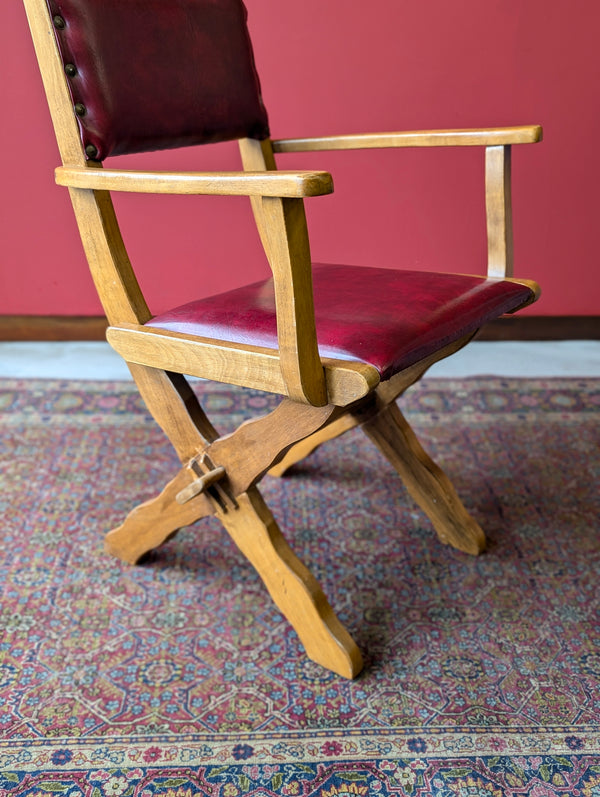 Mid Century Brutalist X-Frame Oak Desk Chair / Elbow Chair