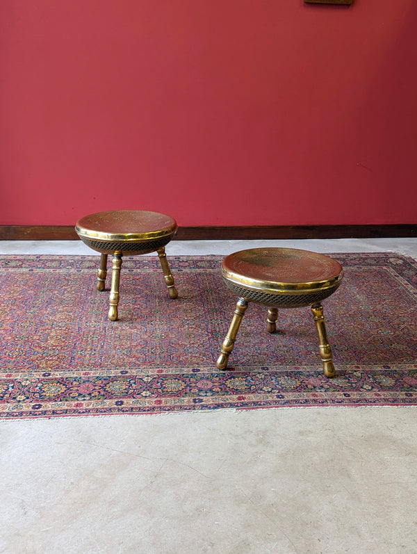 Pair of Antique Early 20th Century Engraved Brass Tripod Stools