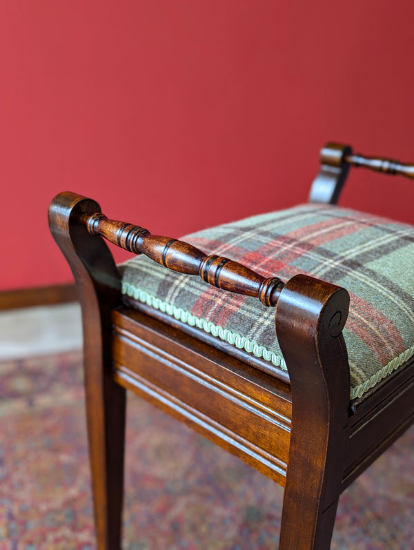 Antique Edwardian Dark Mahogany Tartan Upholstered Piano Stool with Storage