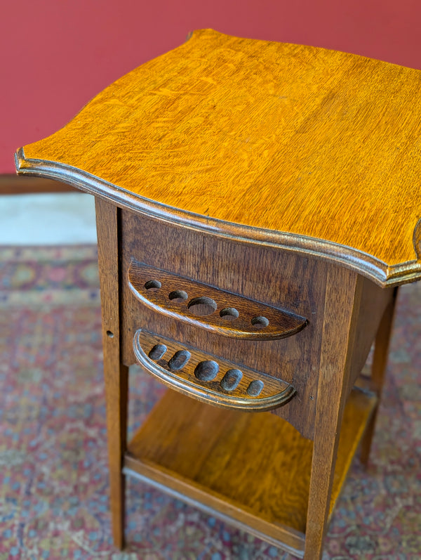 Antique Edwardian Oak Occasional Table with Pipe Rack & Cupboard