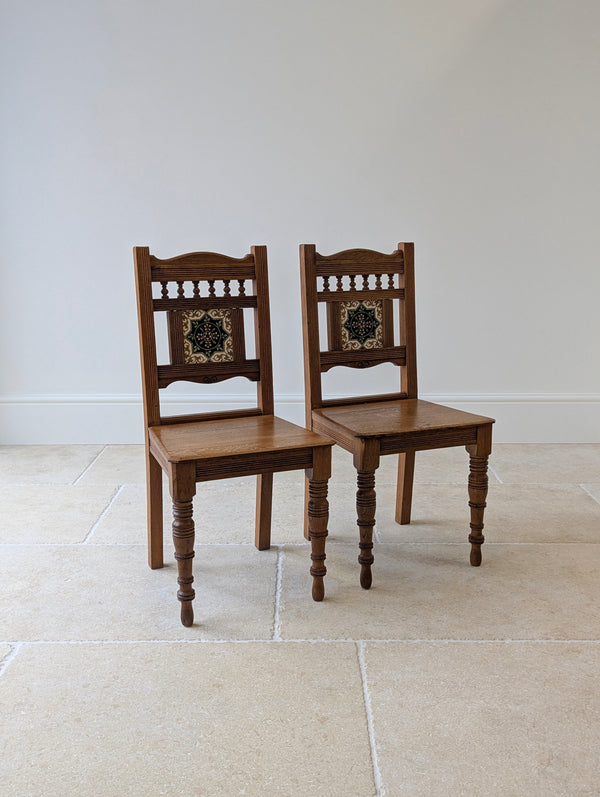 Antique Victorian Oak Side Chairs with Ceramic Tile Backs c.1890