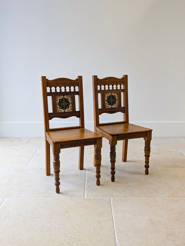 Antique Victorian Oak Tile-Back Hall Chairs c.1890