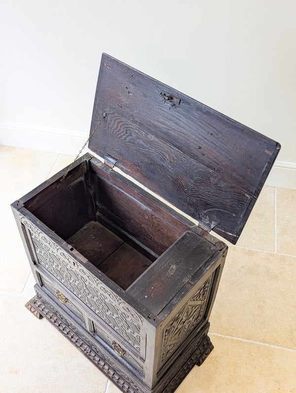 Antique Late 17th Century Carved Oak Mule Chest c.1680