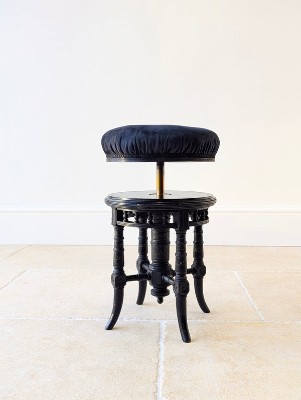 Antique Victorian Ebonised Aesthetic Movement Adjustable Piano Stool c.1880
