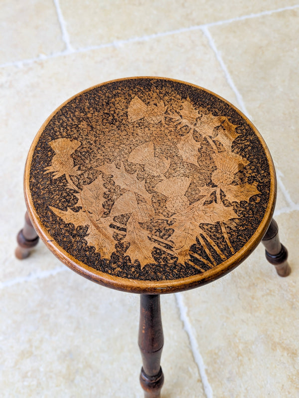 Antique Late Victorian Beech & Ash Pokerwork Stool c.1890