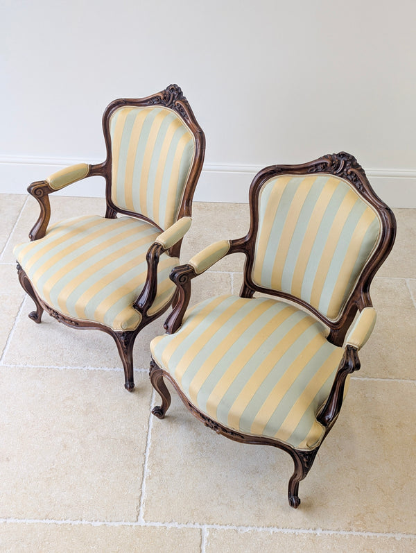 Pair of Antique Victorian Walnut Louis XV Style Open Armchairs c.1880