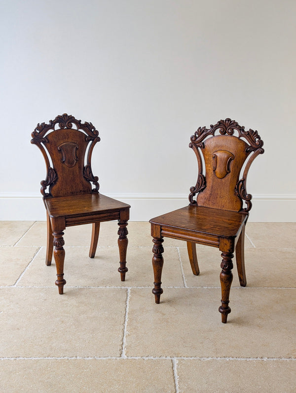 Pair of Antique Victorian Oak Hall Chairs c.1870
