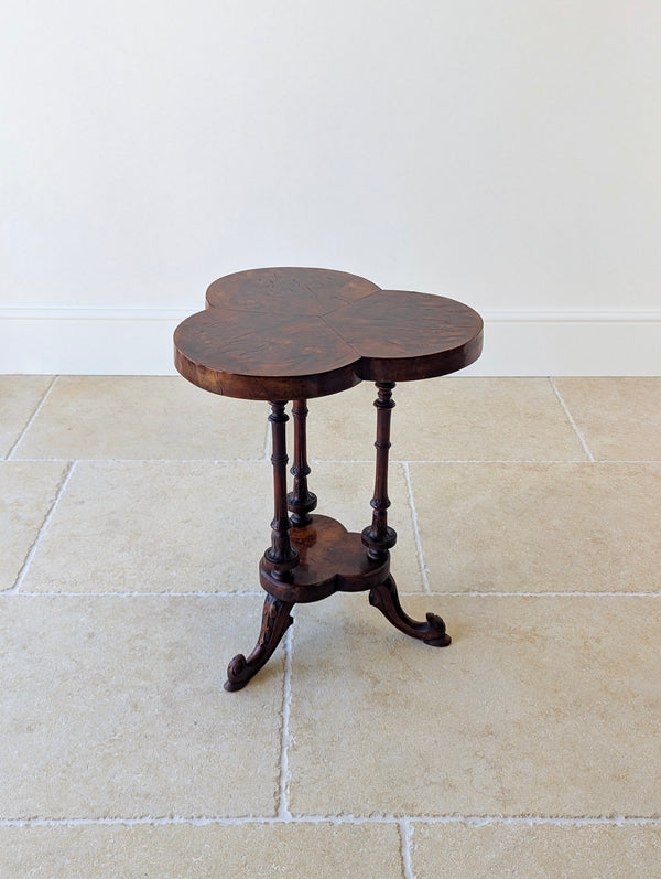 Antique Victorian Burr Walnut Trefoil Occasional Table c.1860