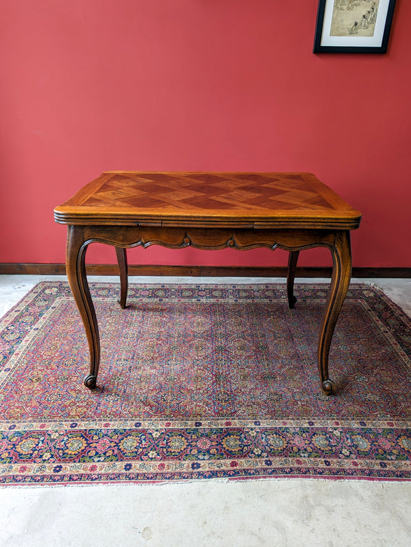 Antique Early 20th Century French Oak Parquetry Drawer Leaf Extending Dining Table