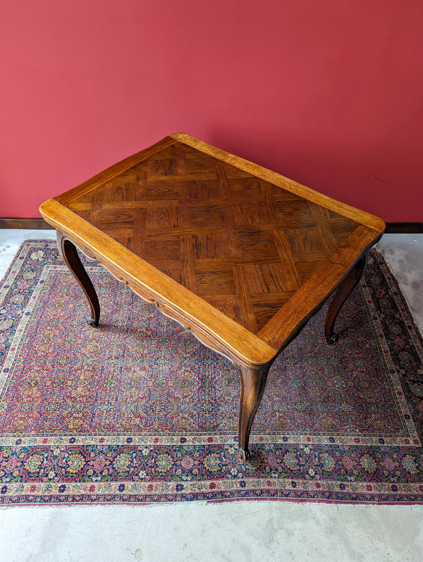 Antique Early 20th Century French Oak Parquetry Drawer Leaf Extending Dining Table