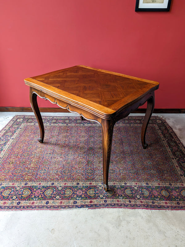 Antique Early 20th Century French Oak Parquetry Drawer Leaf Extending Dining Table