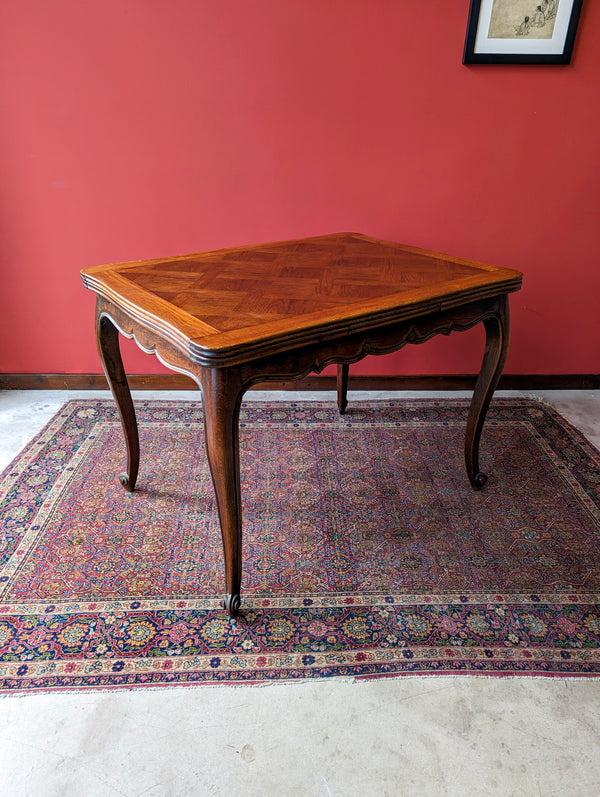 Antique Early 20th Century French Oak Parquetry Drawer Leaf Extending Dining Table