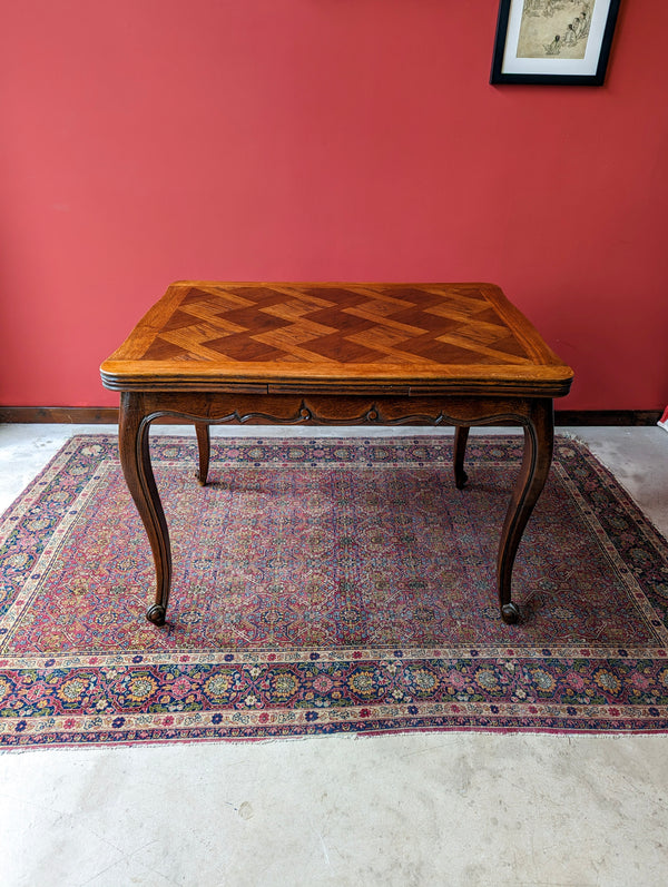 Antique Early 20th Century French Oak Parquetry Drawer Leaf Extending Dining Table