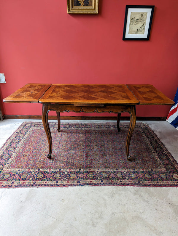 Antique Early 20th Century French Oak Parquetry Drawer Leaf Extending Dining Table