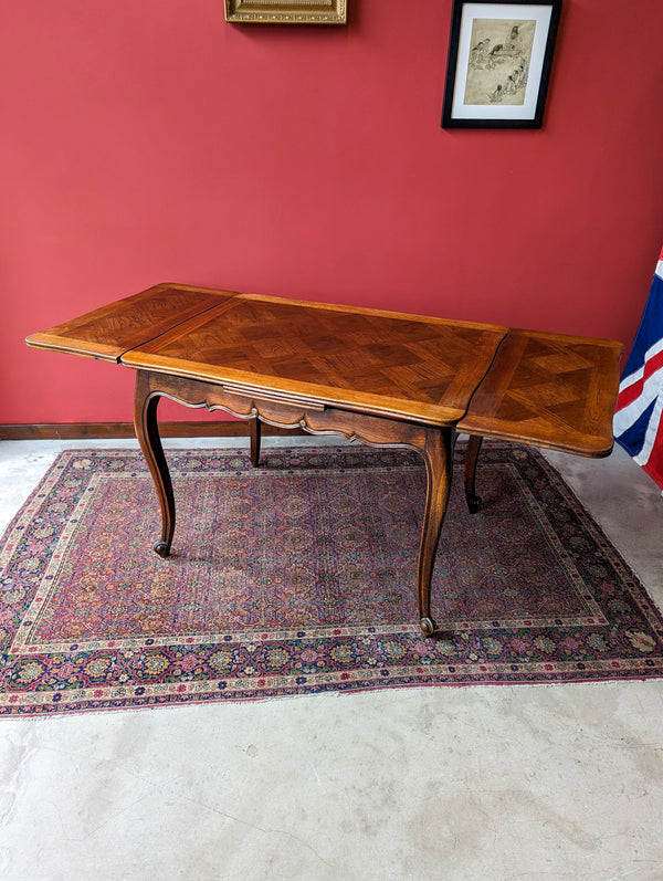 Antique Early 20th Century French Oak Parquetry Drawer Leaf Extending Dining Table