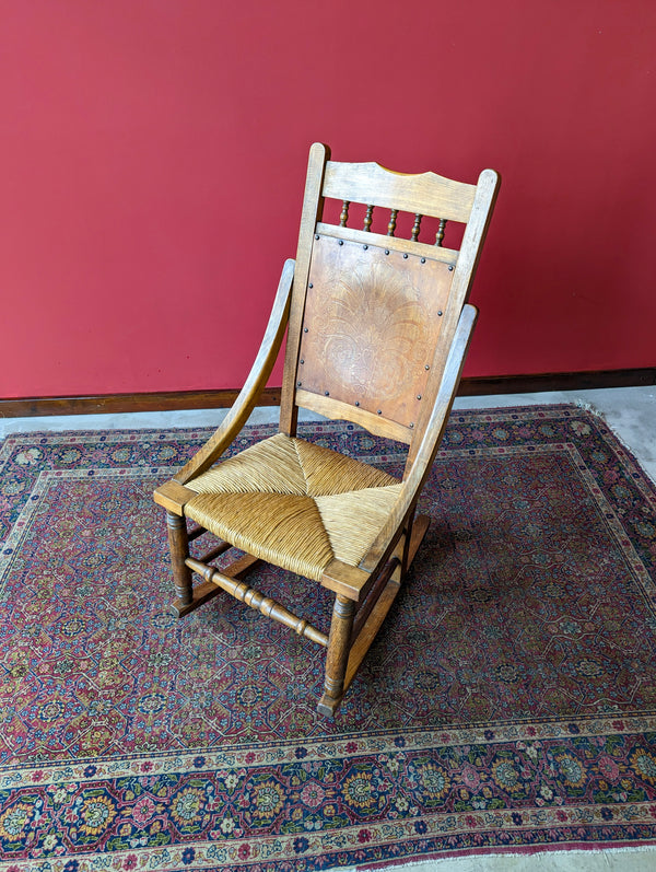 Antique Edwardian Light Oak Rush Seat Rocking Chair