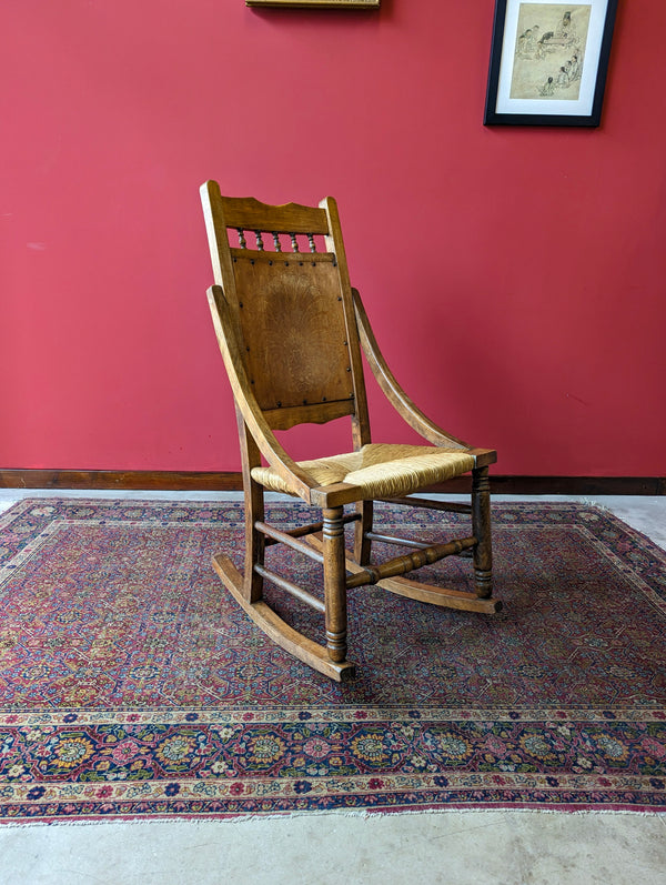 Antique Edwardian Light Oak Rush Seat Rocking Chair