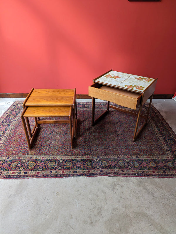 Mid Century Modern Teak Nest of 3 Tables with Drawer
