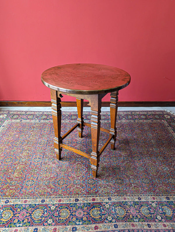 Antique Arts & Crafts Oak Copper Topped Circular Table
