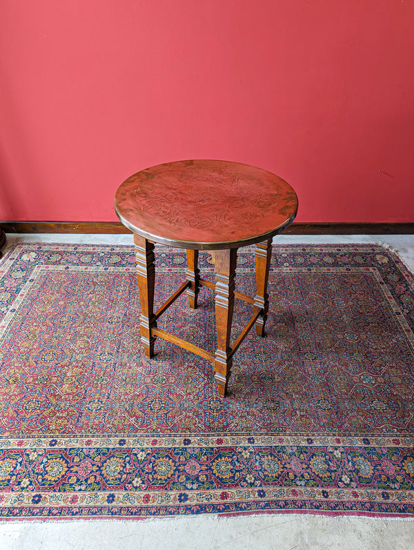 Antique Arts & Crafts Oak Copper Topped Circular Table