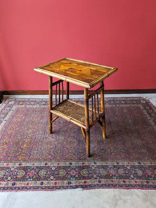 Antique Victorian Inlaid Two Tier Bamboo Side Table