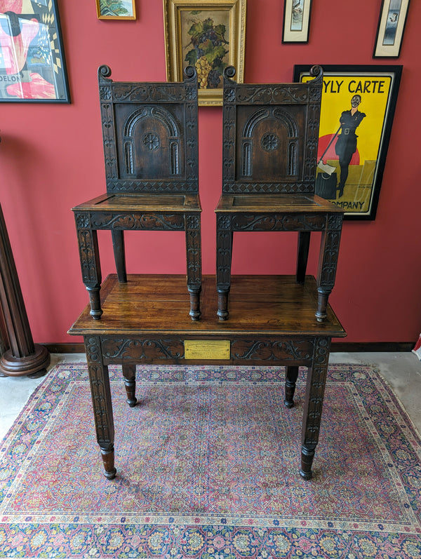 Antique Victorian Oak Altar Table & Two Chairs Dated 1896