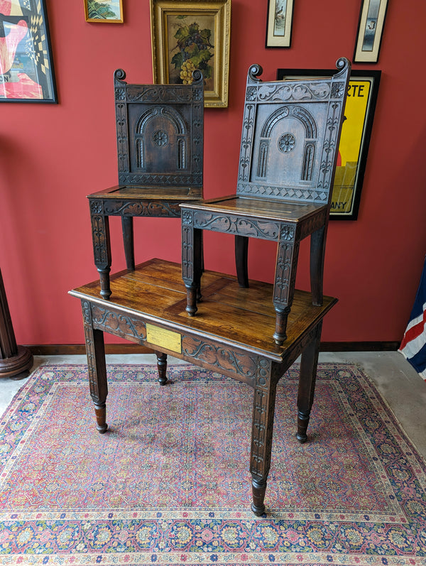 Antique Victorian Oak Altar Table & Two Chairs Dated 1896