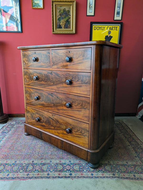 Large Antique Victorian Flame Mahogany Chest of Drawers