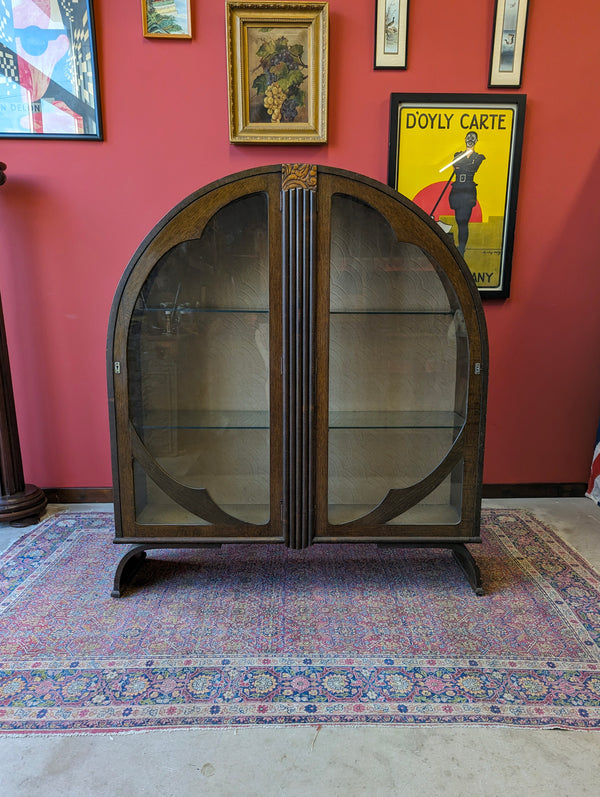 Antique Art Deco Oak Circular Glass Display Cabinet