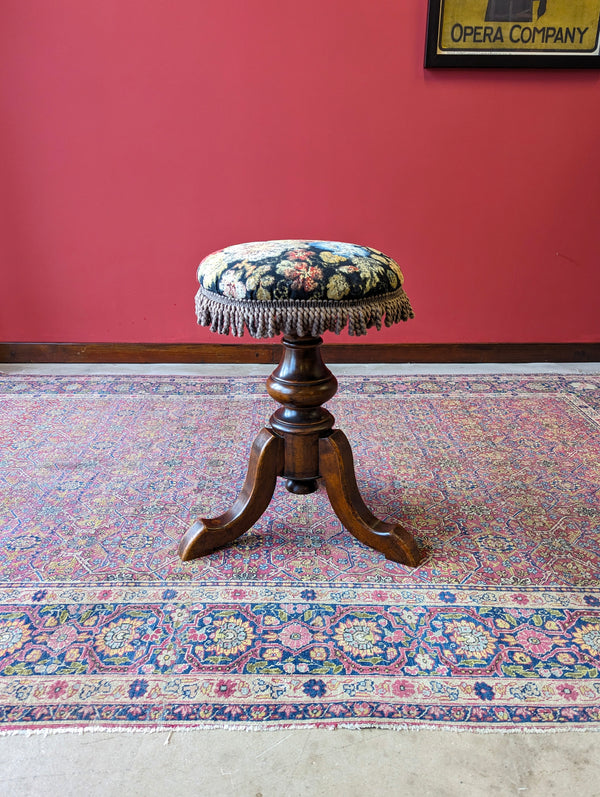 Antique Victorian Mahogany Circular Tapestry Piano Stool