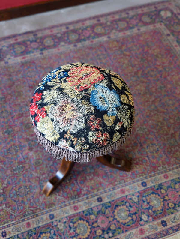 Antique Victorian Mahogany Circular Tapestry Piano Stool