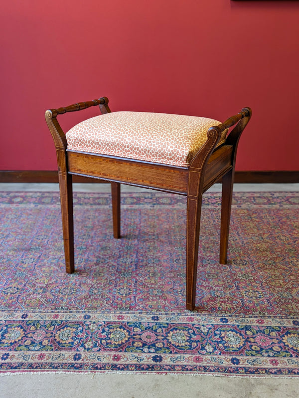 Antique Edwardian Inlaid Mahogany Piano Stool with Storage