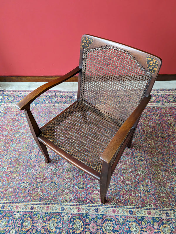 Antique Arts & Crafts Inlaid Mahogany Cane Salon Chair