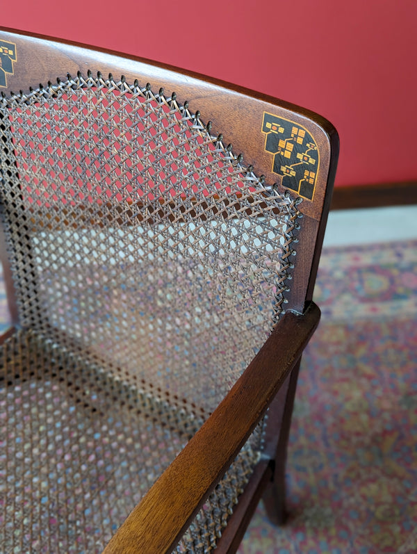 Antique Arts & Crafts Inlaid Mahogany Cane Salon Chair
