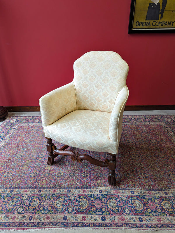 Antique Early 20th Century Small Upholstered Oak Salon Armchair