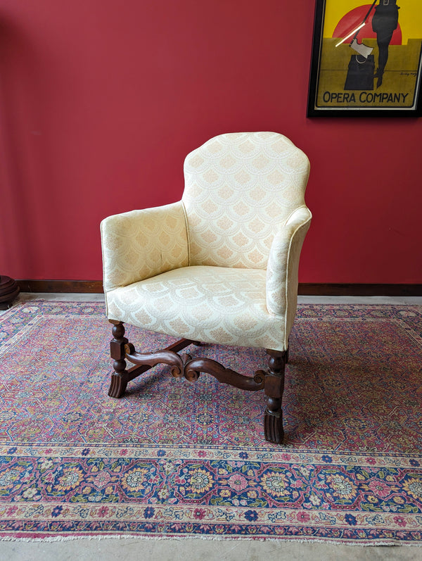 Antique Early 20th Century Small Upholstered Oak Salon Armchair