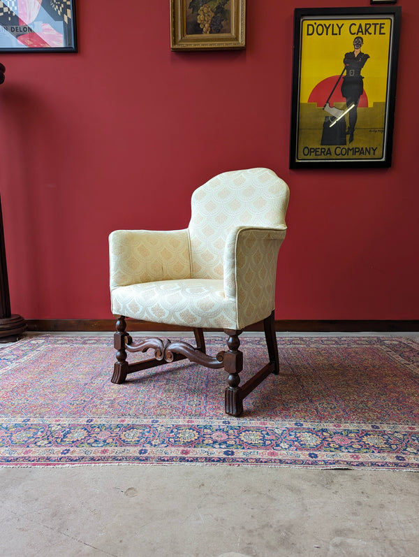 Antique Early 20th Century Small Upholstered Oak Salon Armchair