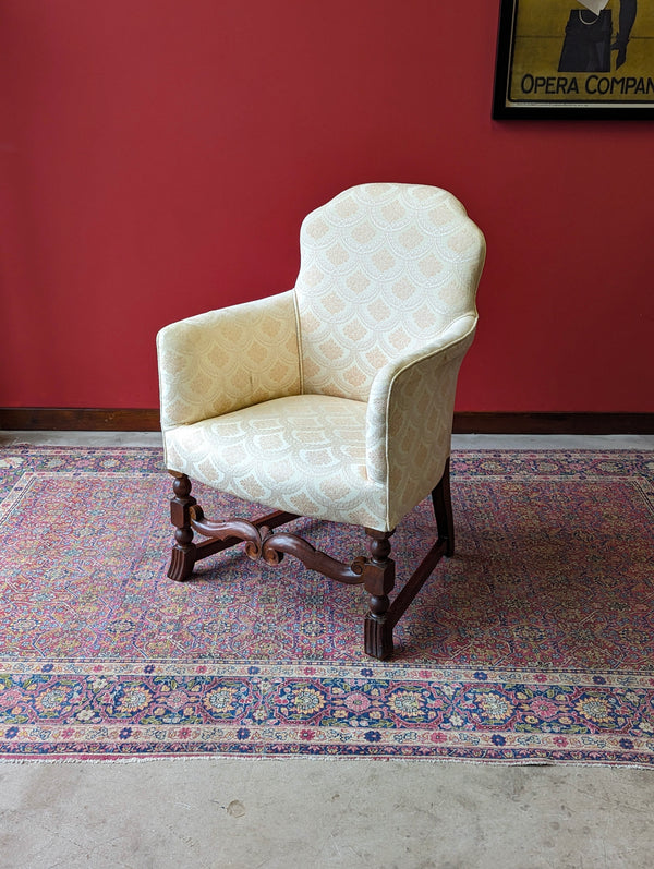 Antique Early 20th Century Small Upholstered Oak Salon Armchair