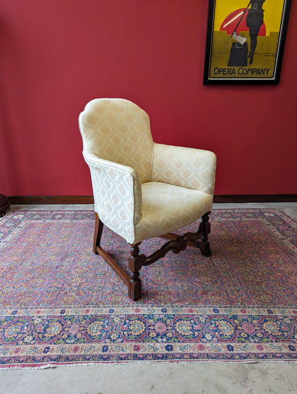 Antique Early 20th Century Small Upholstered Oak Salon Armchair