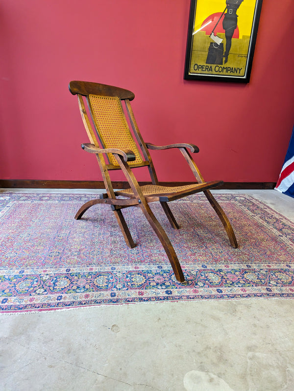 Antique 19th Century Walnut & Cane Folding Campaign Steamer Chair