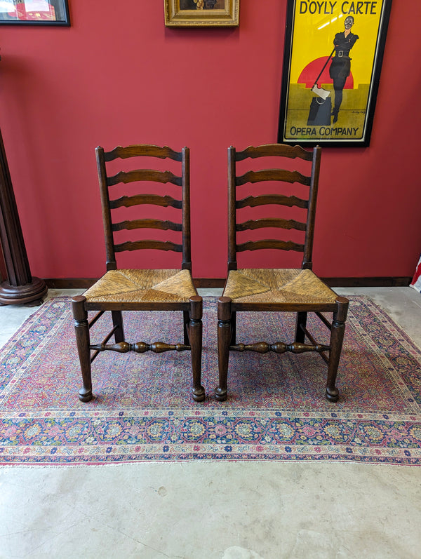 Antique Pair of Early 20th Century Elm Ladder Back Side Chairs