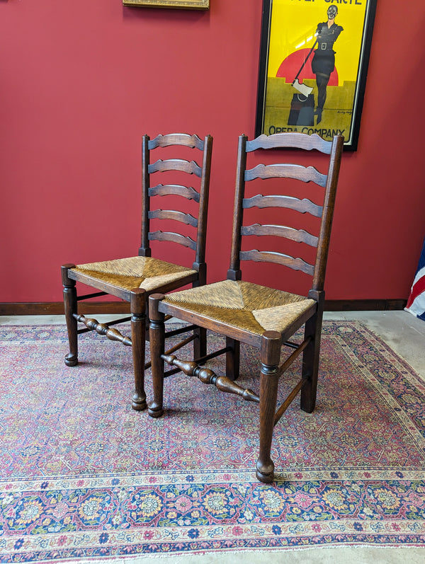 Antique Pair of Early 20th Century Elm Ladder Back Side Chairs