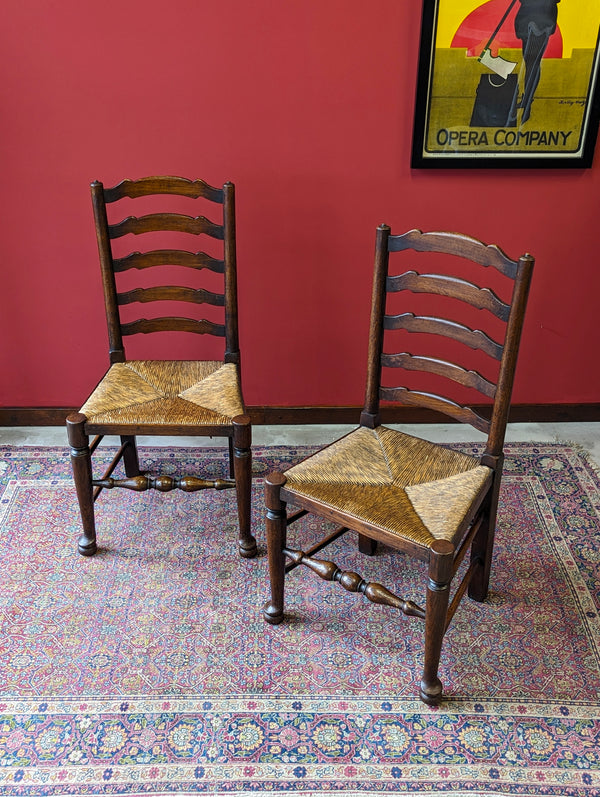 Antique Pair of Early 20th Century Elm Ladder Back Side Chairs