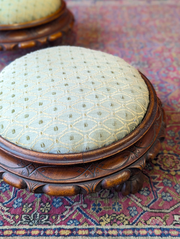 Antique Pair of Circular Victorian Mahogany Upholstered Footstools